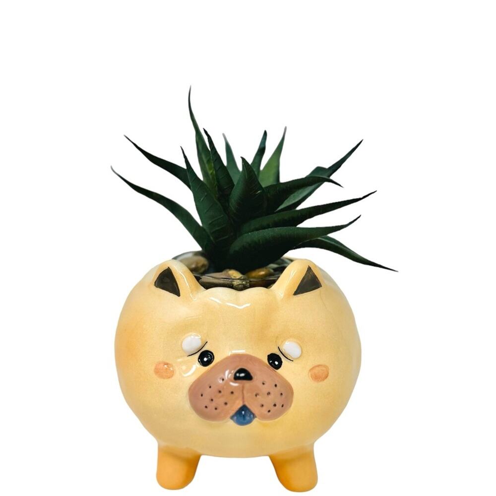 Pug Dog Succulent Planter with Drainage Hole Tan Brown Ceramic